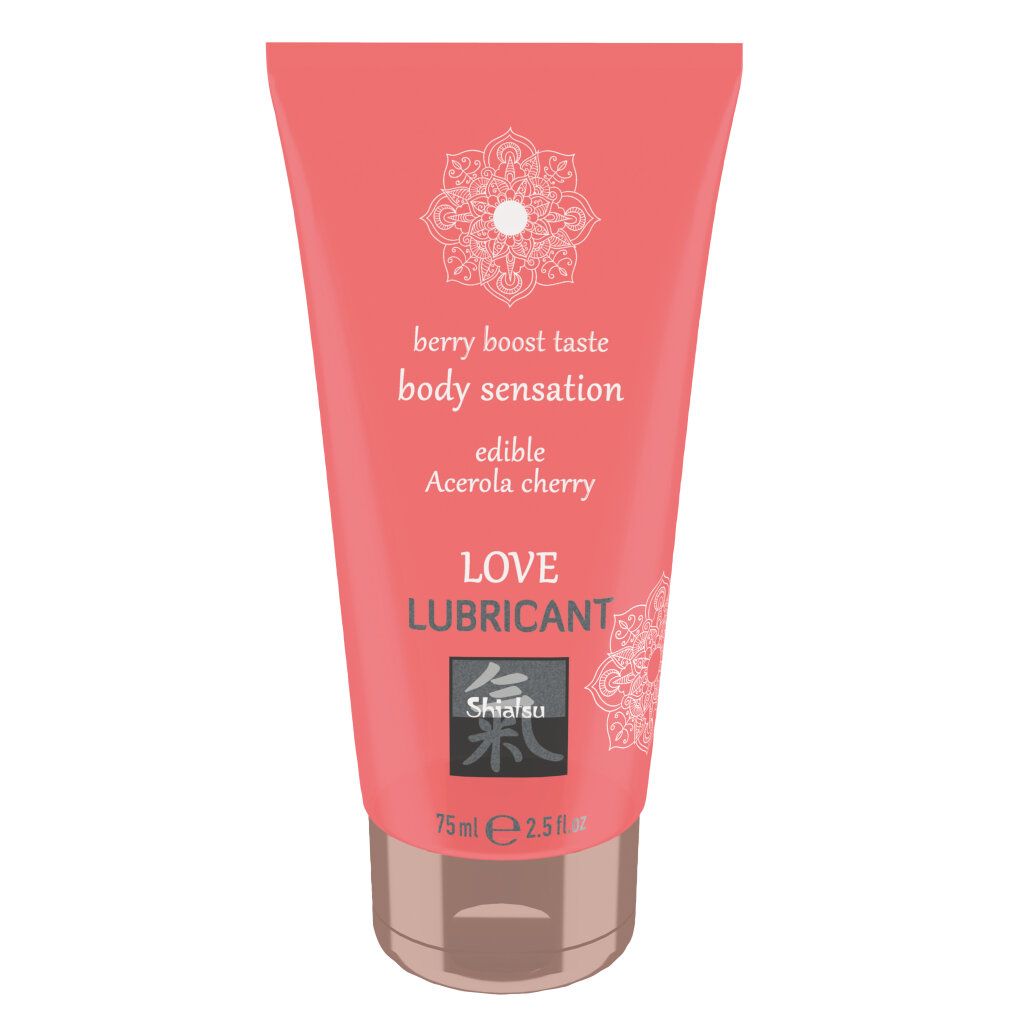 Tubo rosa con testo bianco. Contiene 'LOVE LUBRICANT', 'berry boost taste', 'edible Acerola cherry'. Marchio: Shiatsu.