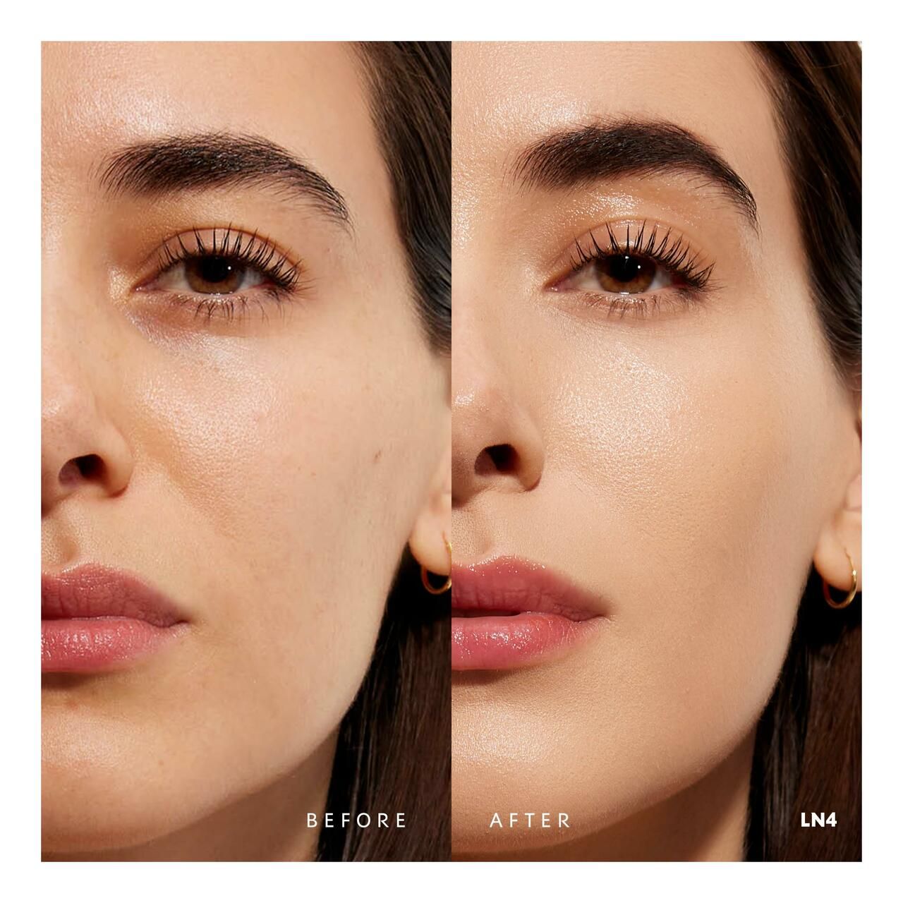 Viso di donna, diviso in prima/dopo. A sinistra: imperfezioni della pelle. A destra: incarnato uniforme. Tonalità LN4.