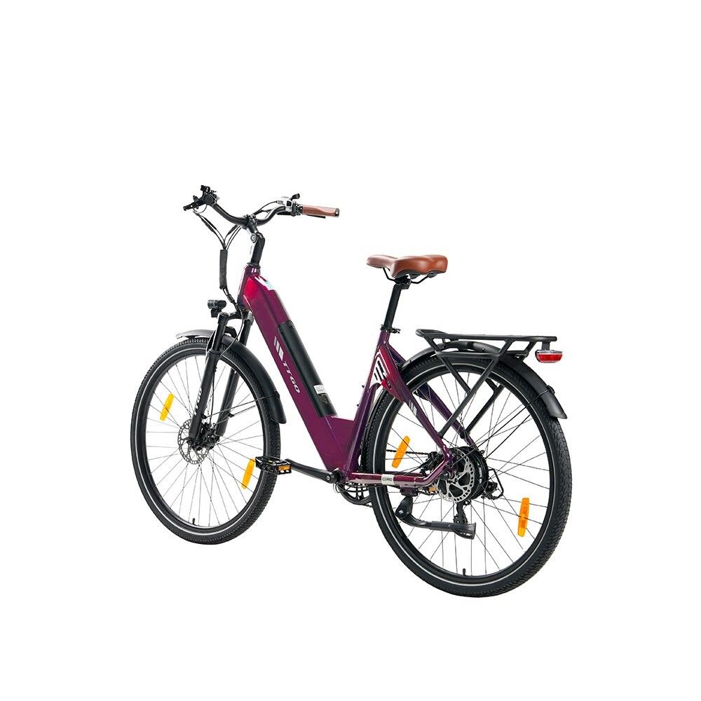 Bicicletta elettrica viola con sella e manubrio marroni. Pneumatici neri, portapacchi e parafanghi. Riflettori gialli.