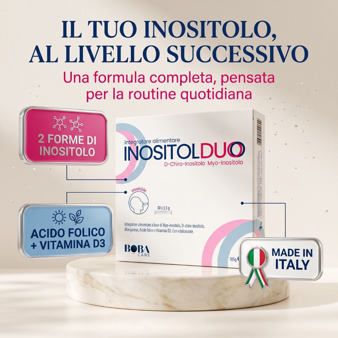 Confezione BOBACARE Inositol Duo con infobox su 2 forme di inositolo, acido folico, vit D3 e Made in Italy.