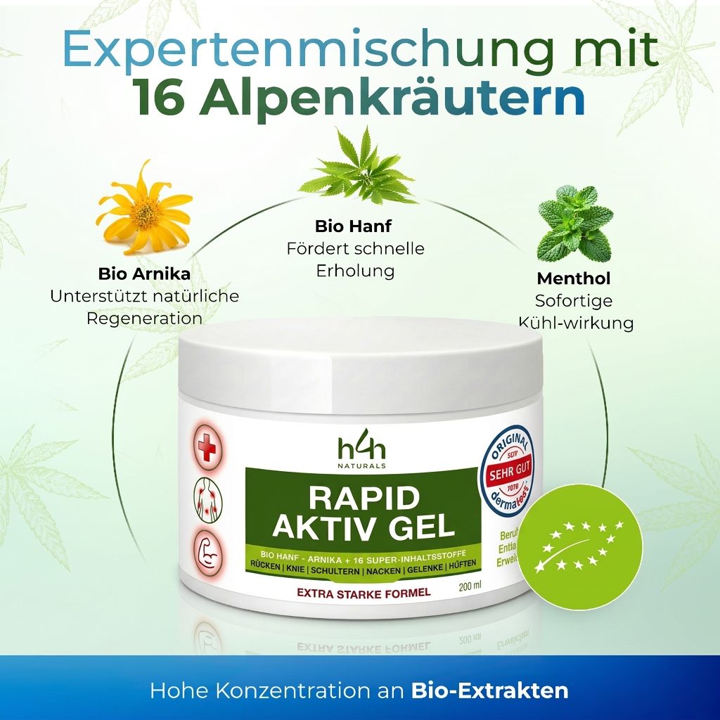 Vasetto H4H Naturals Rapid Aktiv Gel circondato da canapa bio, arnica bio e foglie di menta.