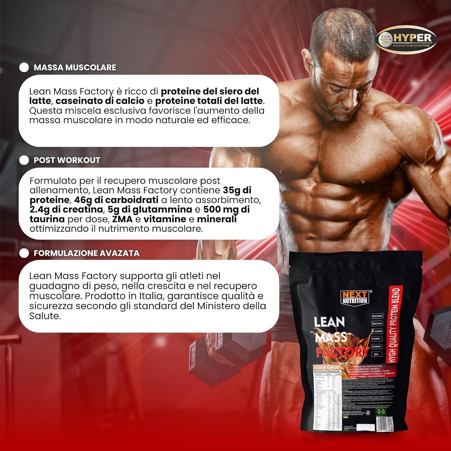 Lean Mass Factory - Proteine Mass Gainer per Aumento Peso e Massa Muscolare | Creatina, Glutammina