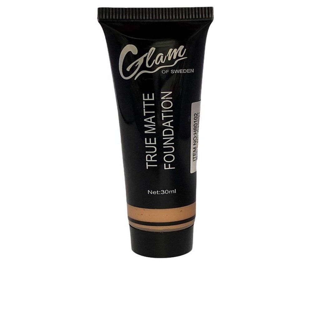 Tubo nero Glam of Sweden True Matte Foundation, tonalità 03. Contenuto netto 30ml. Numero articolo sull'etichetta.