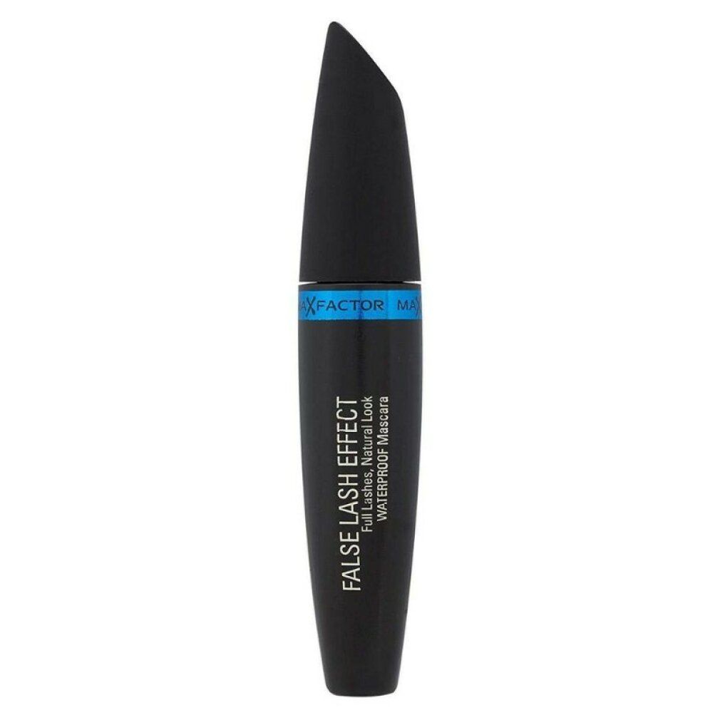 Tubo di mascara nero con scritta blu. Scritta "FALSE LASH EFFECT" e "WATERPROOF Mascara".