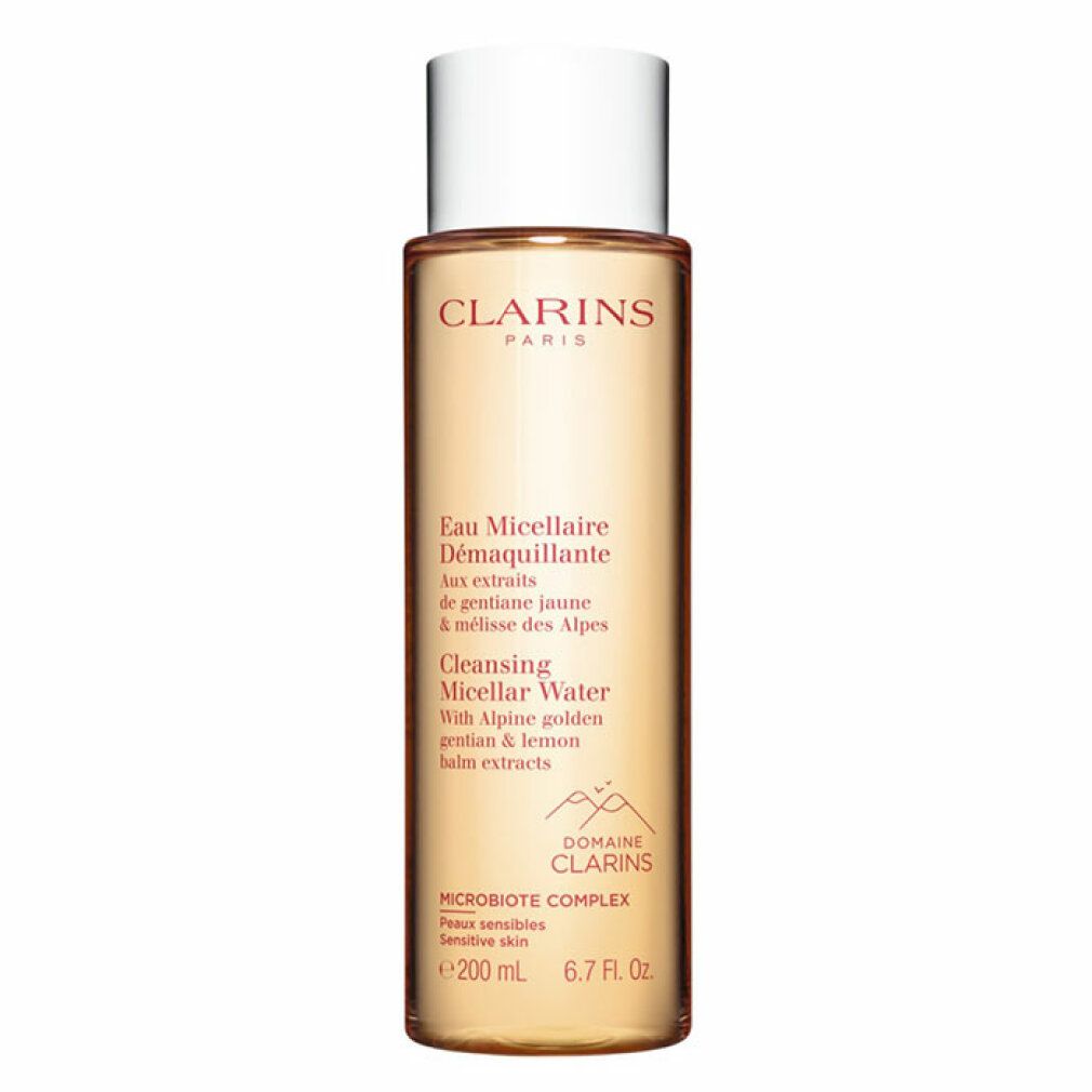 Flacone Clarins Acqua Micellare Detergente. Tappo bianco. Testo: Eau Micellaire, Cleansing Micellar Water. 200 ml.
