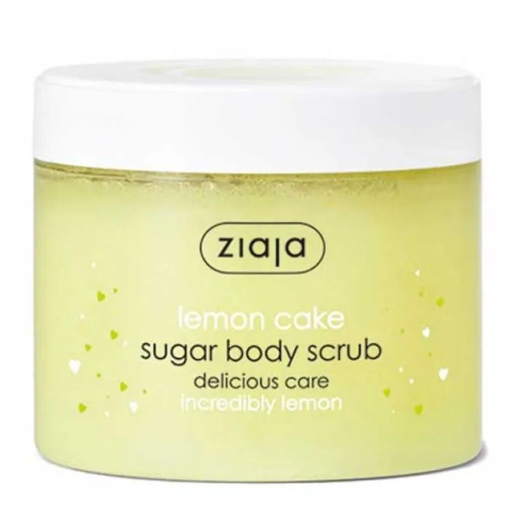 Scrub corpo allo zucchero Ziaja Lemon Cake, barattolo giallo e bianco. Scritte: Sugar Body Scrub, delicious care, incredibly lemon.