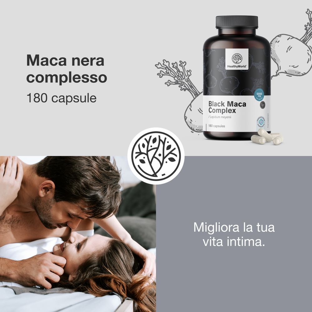 Immagine del prodotto con testo: Maca nera complesso 5000 mg, 180 capsule. Logo: HealthyWorld. Coppia a letto.