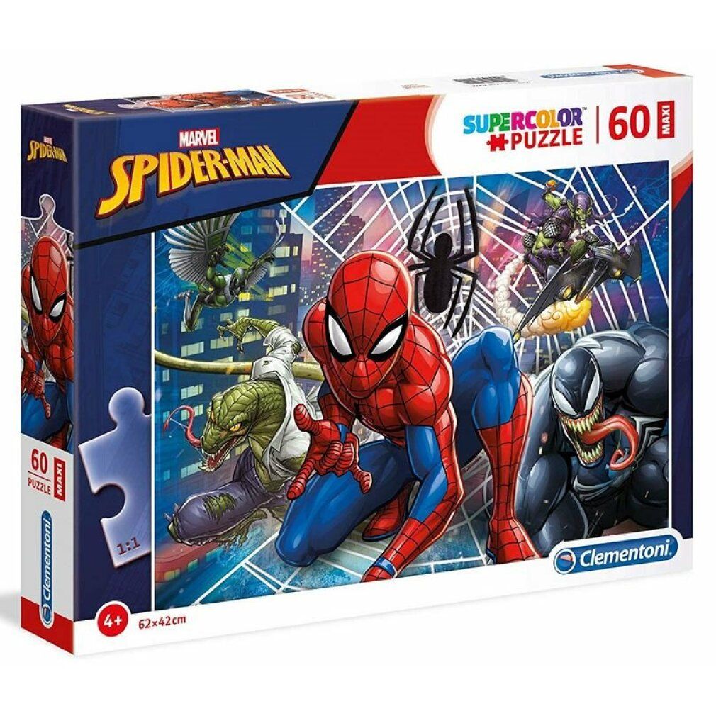 Puzzle Clementoni Spiderman Maxi 60 pezzi. Confezione con Spiderman e nemici. 62x42 cm. Puzzle Supercolor.