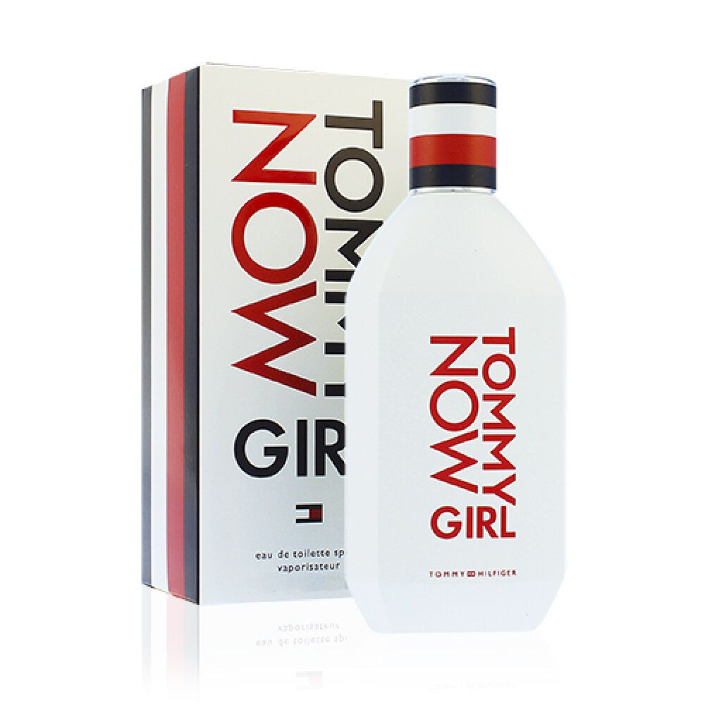 Flacone e confezione. Flacone bianco con scritta rossa TOMMY GIRL NOW. Confezione con testo rosso, bianco e blu.