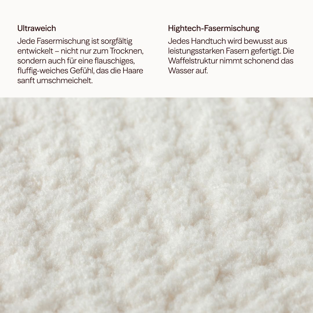 Asciugamano in microfibra bianco con struttura a nido d'ape. Testo: Ultra morbido, miscela di fibre high-tech.