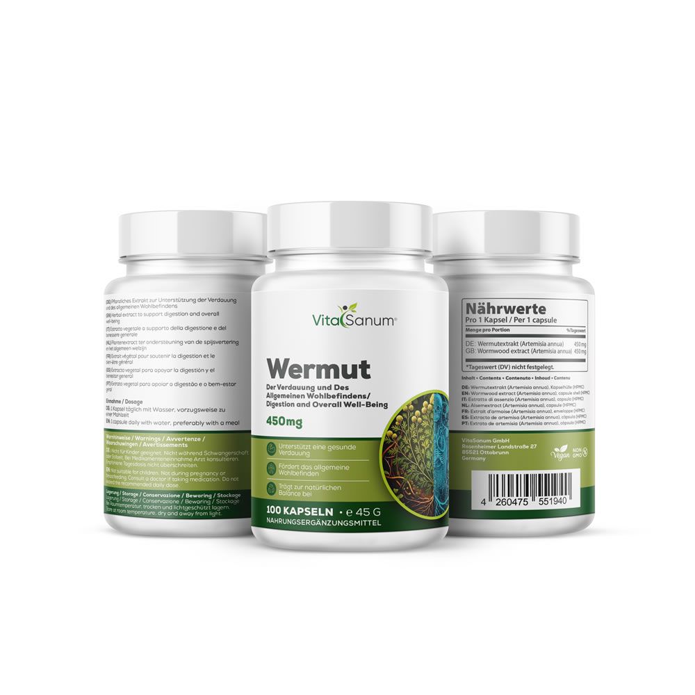 Tre flaconi bianchi con etichette. Scritta: VitaSanum, Wermut, 450mg. Confezione verde e bianca.