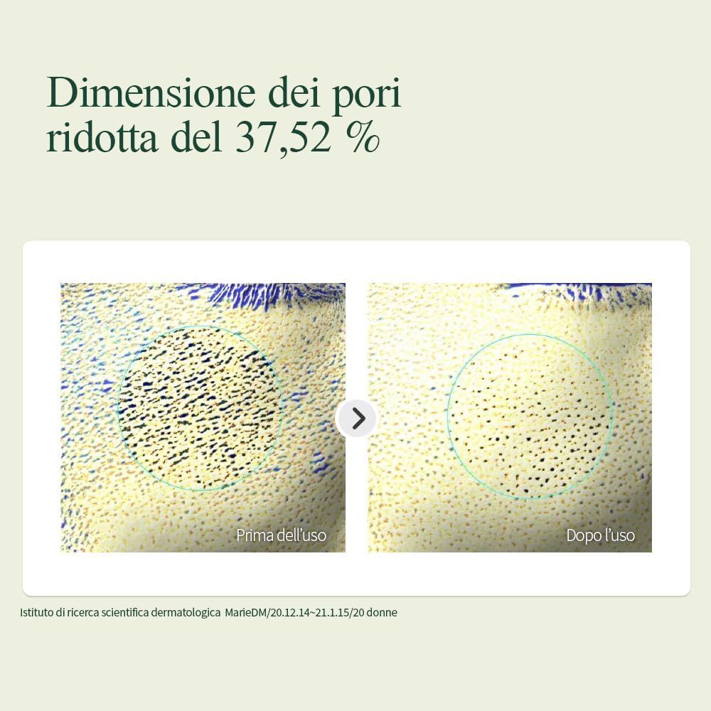 Confronto dei pori della pelle prima e dopo l'uso. Testo: Dimensione dei pori ridotta del 37,52%. Istituto di ricerca dermatologica.