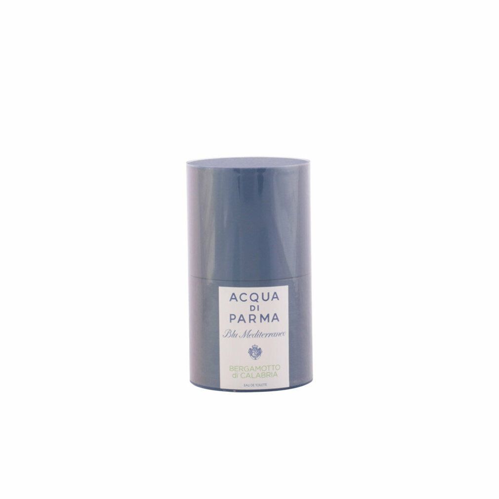 Confezione cilindrica blu. Scritta: Acqua Di Parma Blu Mediterraneo Bergamotto di Calabria.