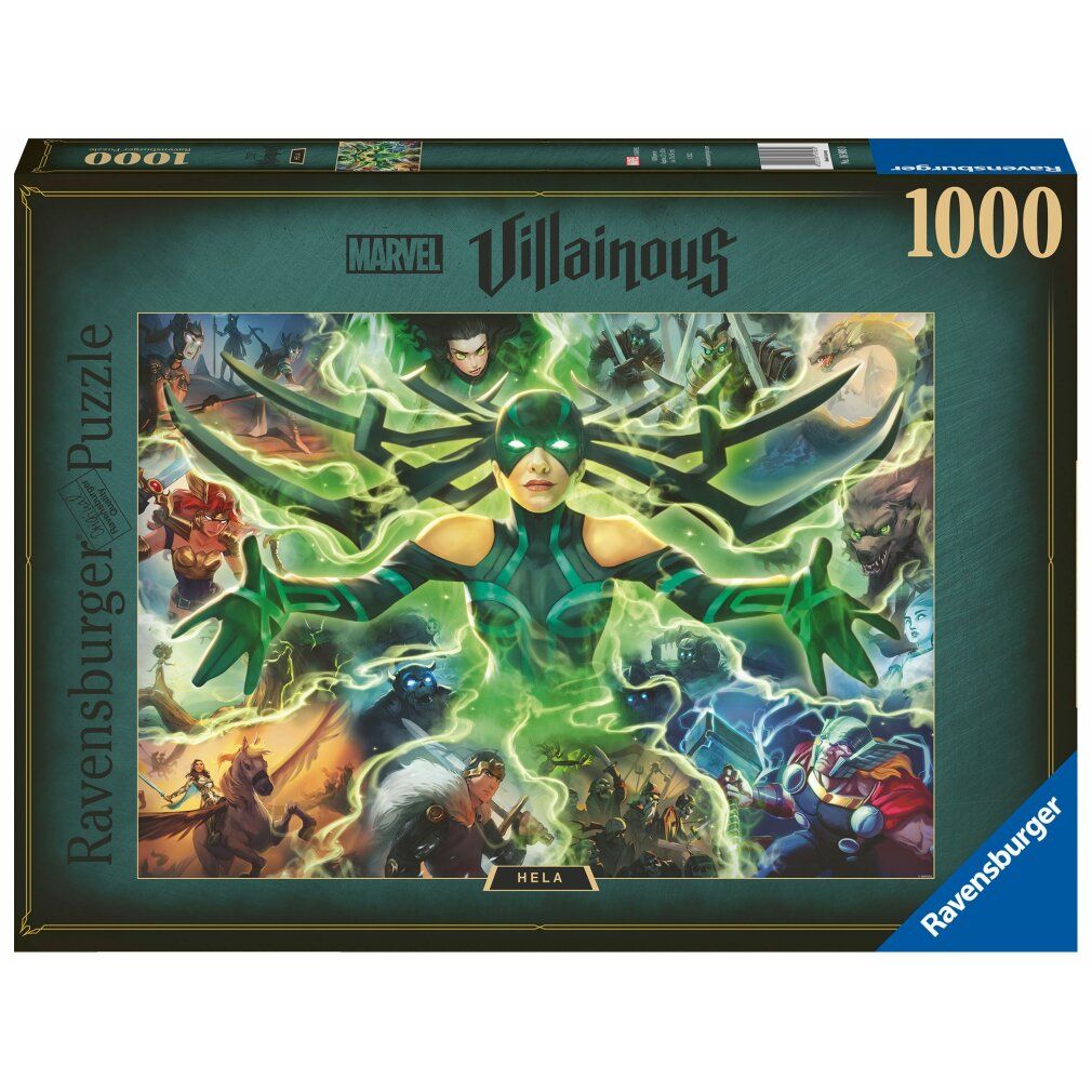 Scatola puzzle Marvel Villains Hela. 1000 pezzi. Hela con effetti verdi. Logo Ravensburger.