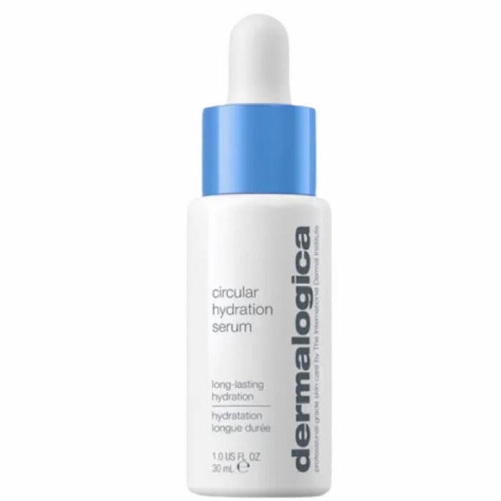 Flacone bianco con tappo blu e contagocce. Scritta: Circular Hydration Serum, Dermalogica. 30 ml.