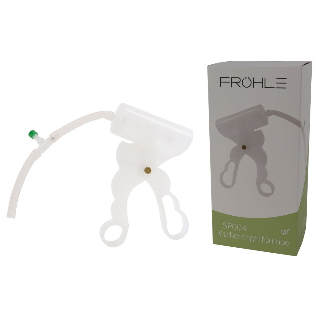 Fröhle SP004 Scherengriffpumpe. Prodotto bianco con manico, serbatoio e tubo. Confezione accanto. Testo: Fröhle, SP004, #scherengriffpumpe.