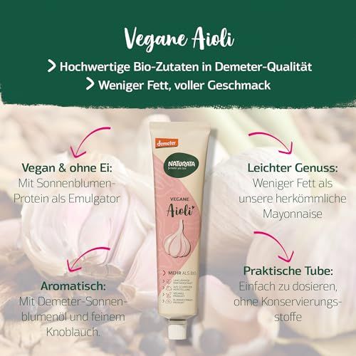 Tubo Naturata Aioli Vegano con illustrazione d'aglio. Ingredienti bio, meno grassi.