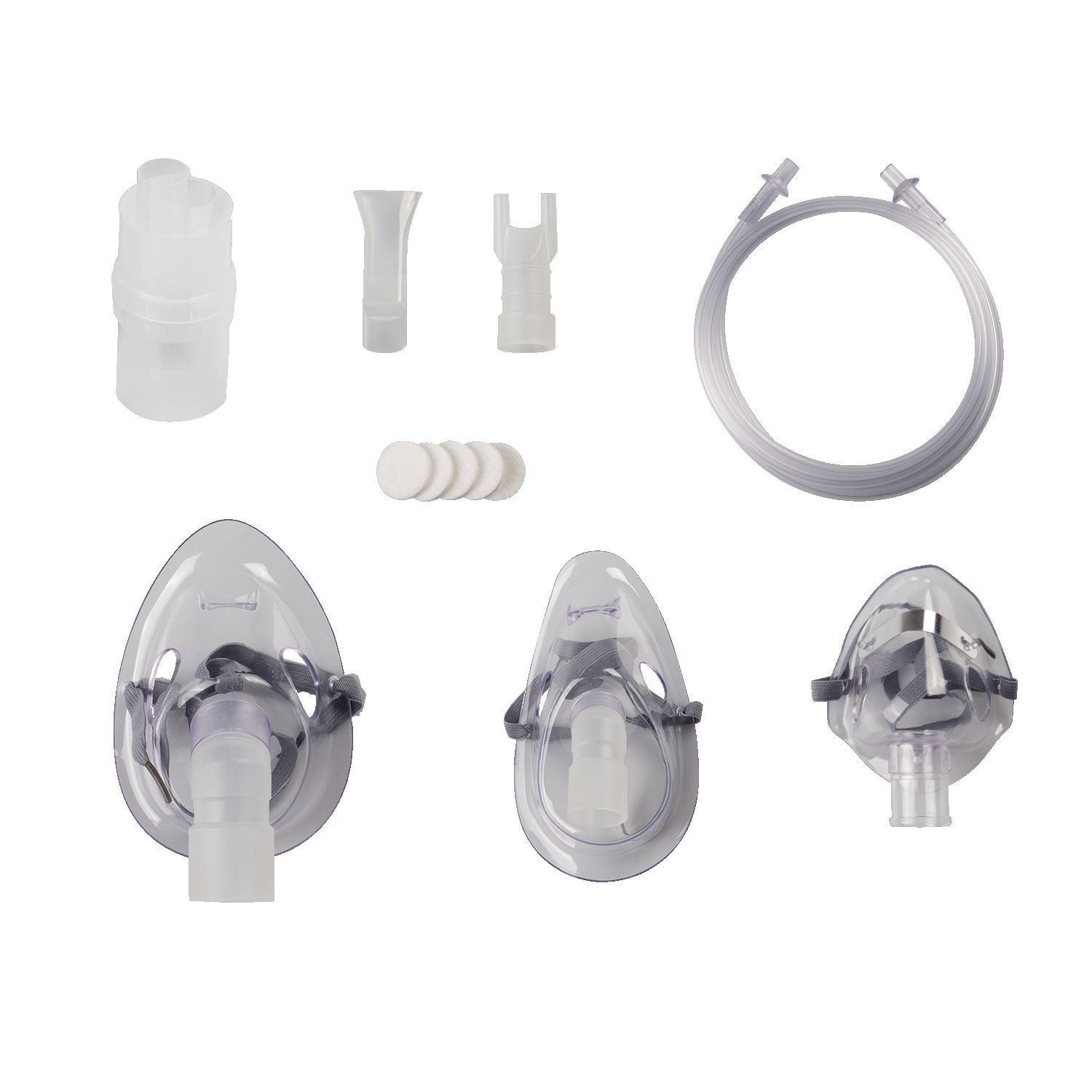Set di accessori Medisana: nebulizzatore, boccaglio, adattatore nasale, filtri e tre maschere.
