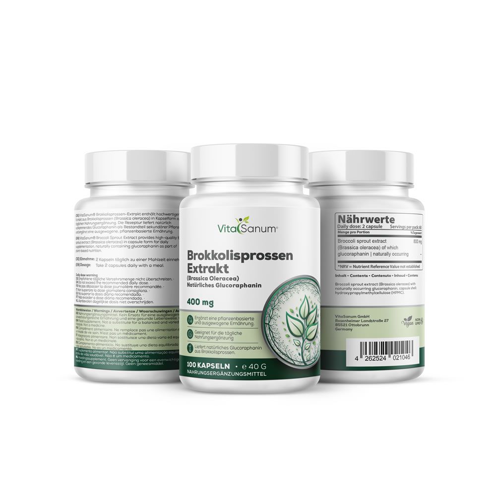 Tre contenitori di estratto di broccoli VitaSanum. Il contenitore anteriore mostra 100 capsule, 400 mg. I lati mostrano le informazioni nutrizionali.
