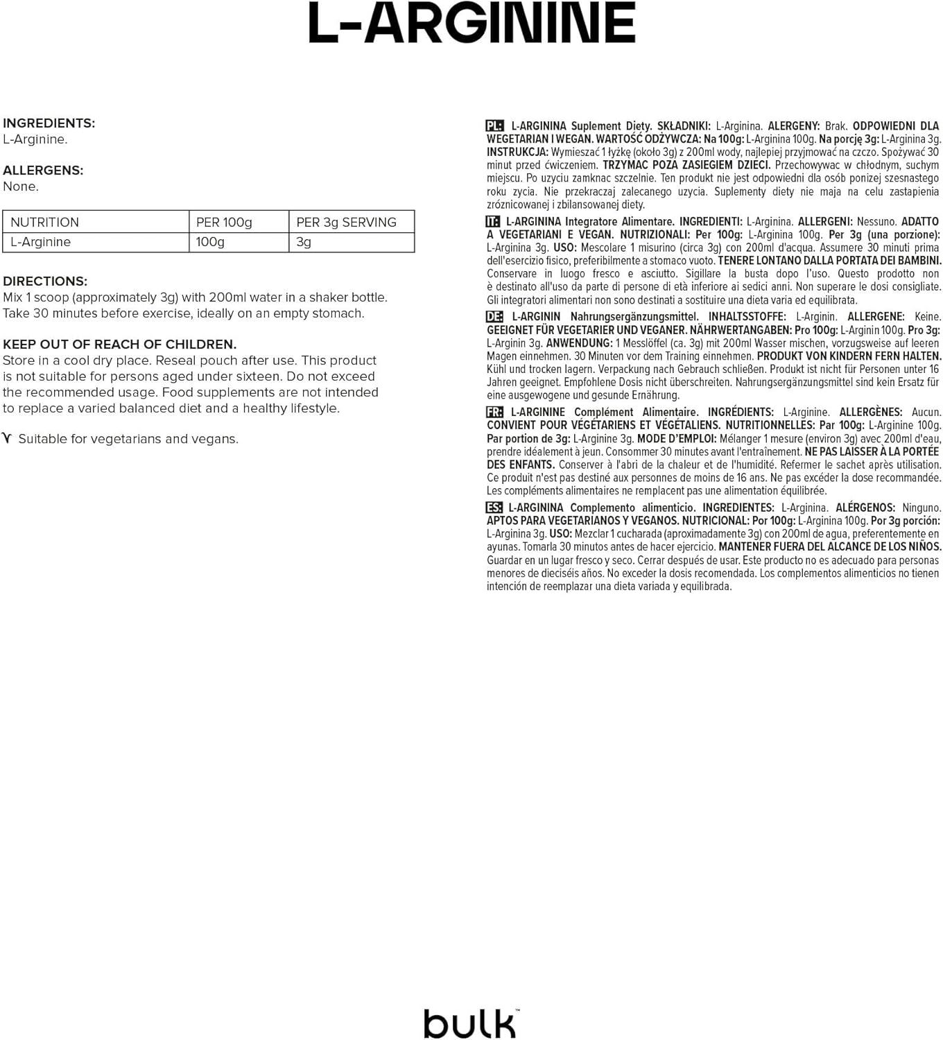 Etichetta con informazioni nutrizionali e ingredienti. Testo "L-Arginina". Logo "bulk" in basso.