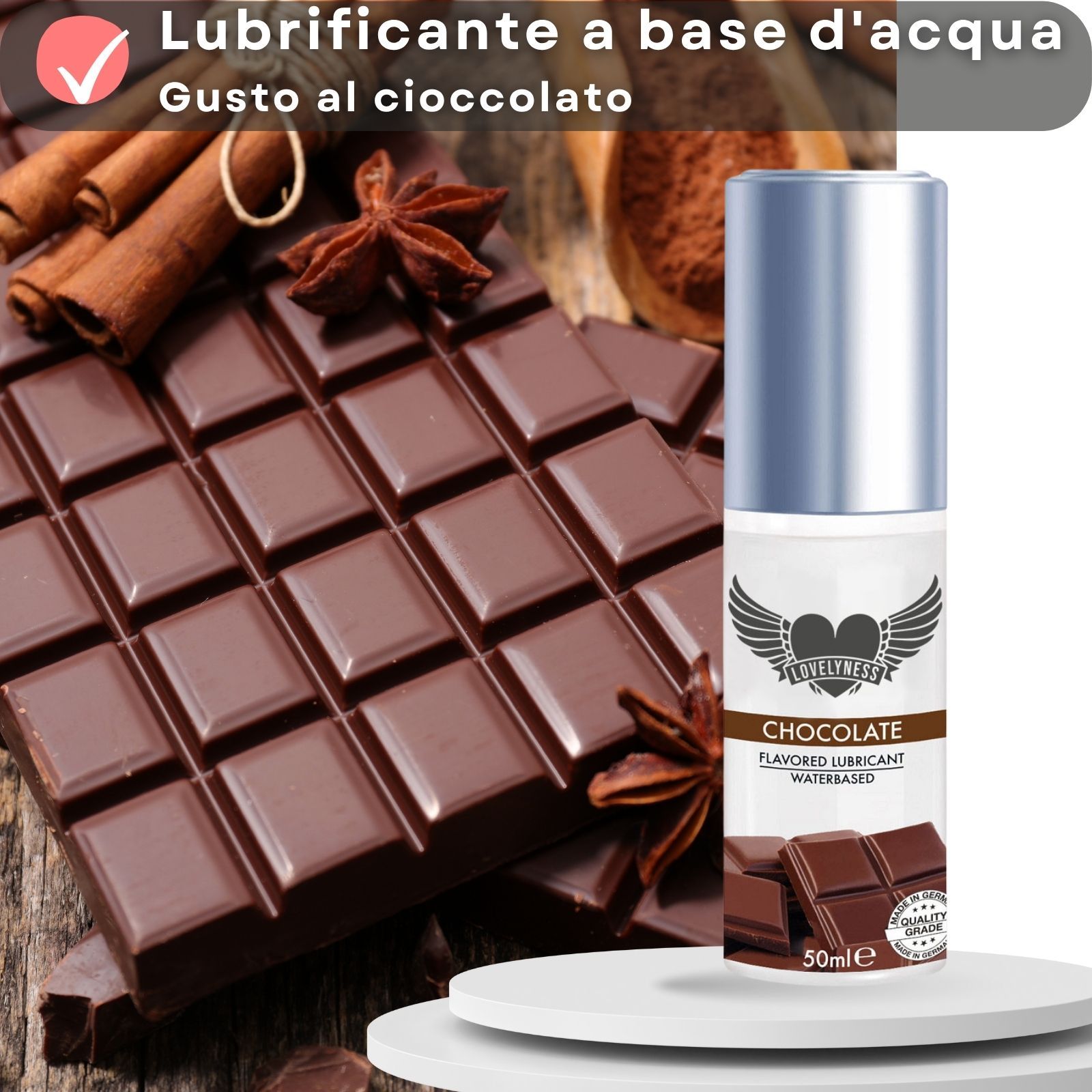 Lubrificante a base d'acqua. Gusto al cioccolato. Flacone con tappo argentato. 50ml.