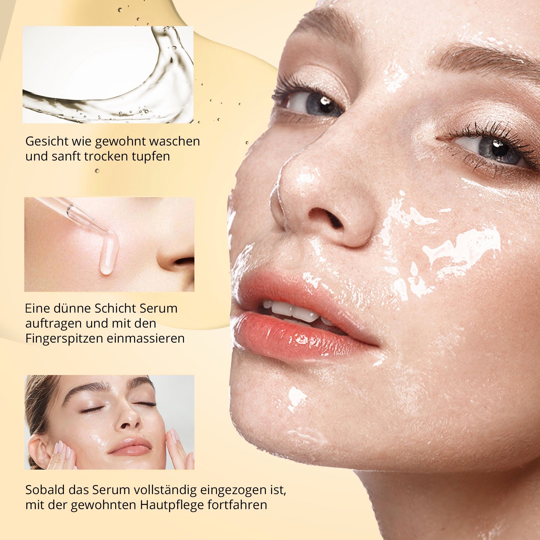 Donna con viso. Tre immagini mostrano i passaggi di applicazione. Testo: Istruzioni per l'uso del siero.
