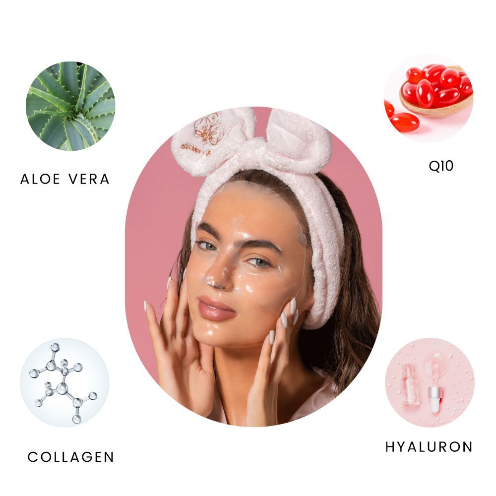 Donna con maschera. Circondata da immagini di aloe vera, collagene, Q10 e ialurone.