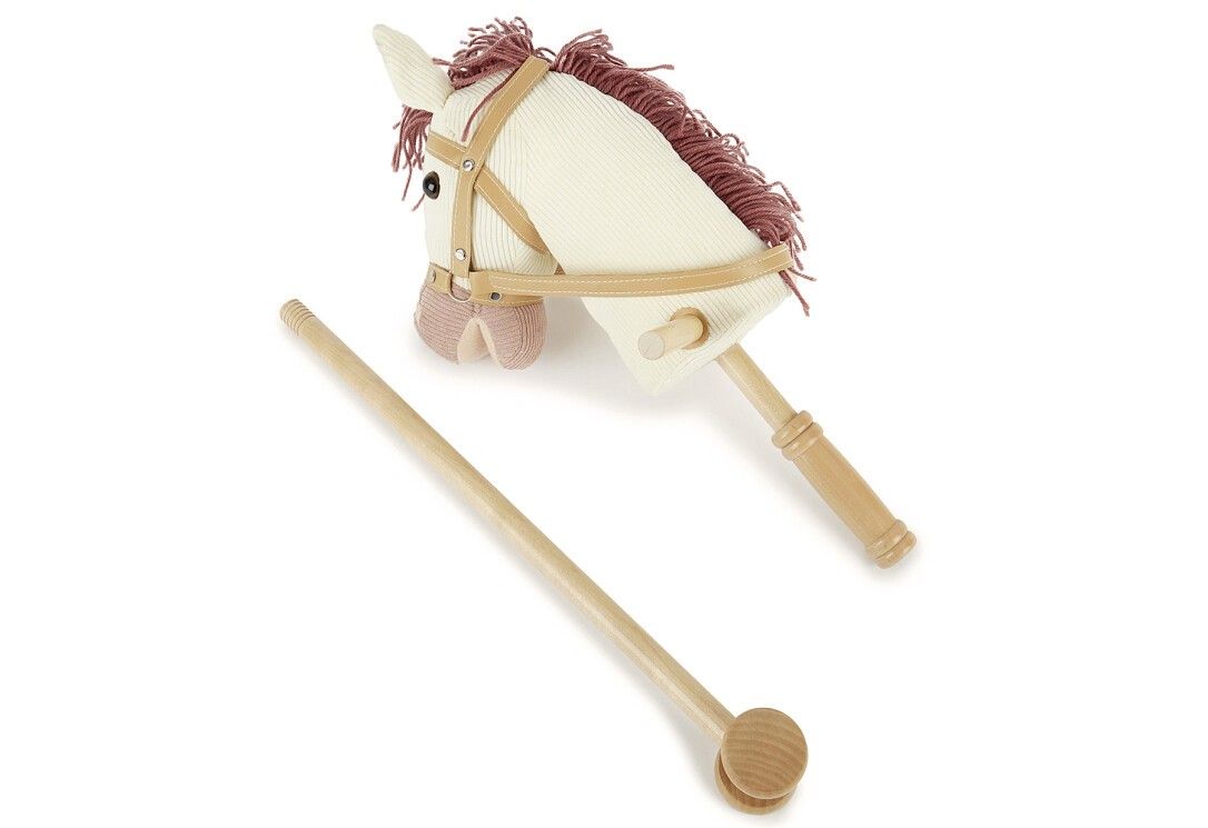 Testa di cavallo a dondolo con bastone di legno e bastone di legno staccato. Corda crema, criniera marrone.