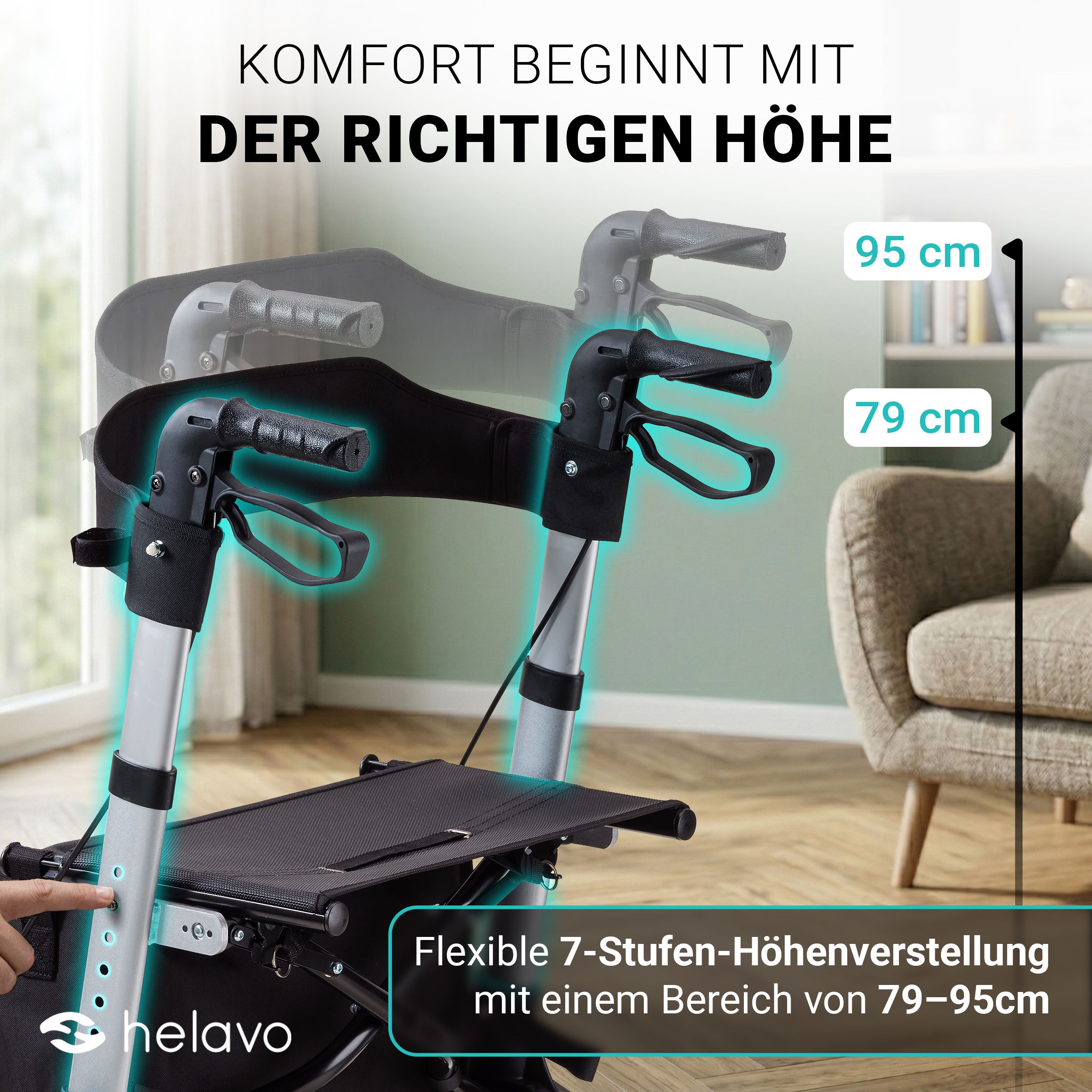 Regolazione in altezza di un rollator da 79 cm a 95 cm in 7 livelli.