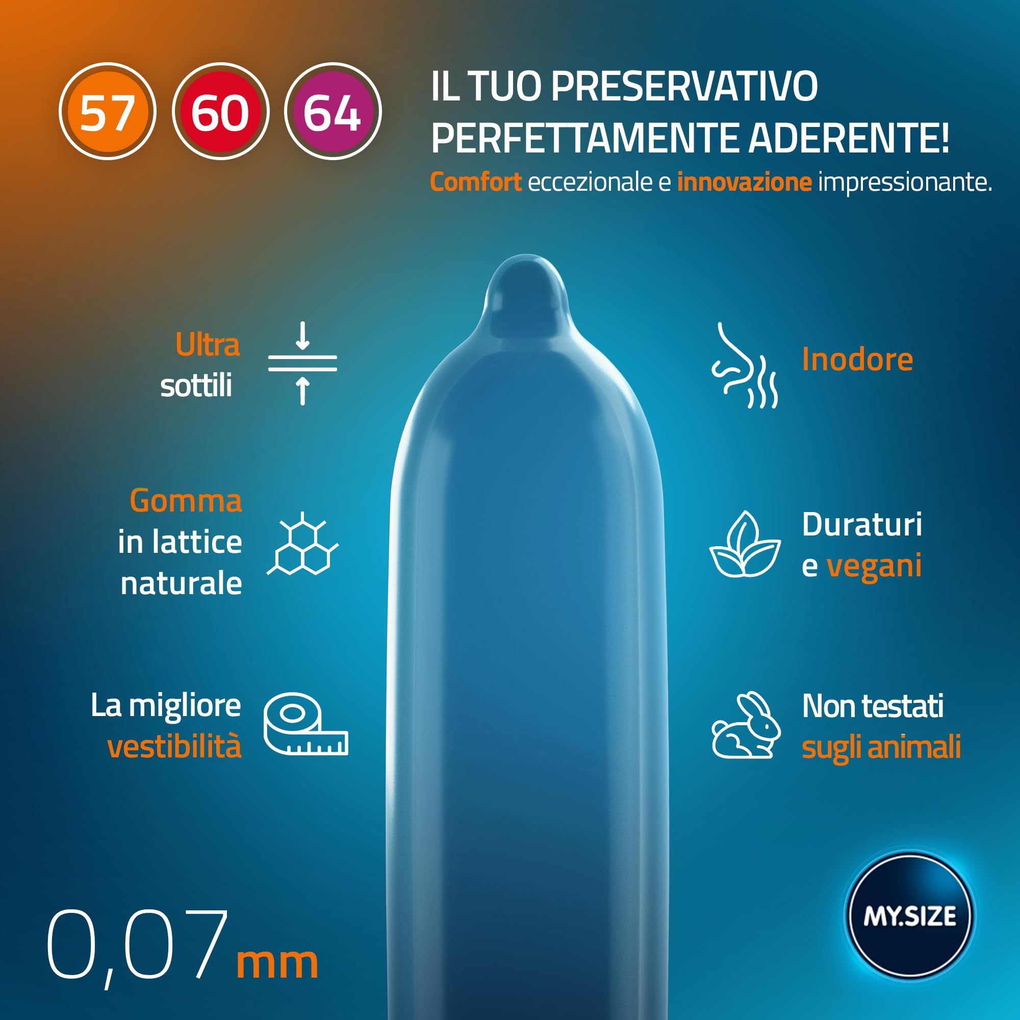 Preservativo blu con icone per pareti sottili, lattice naturale, vestibilità, inodore, durevole e cruelty-free.