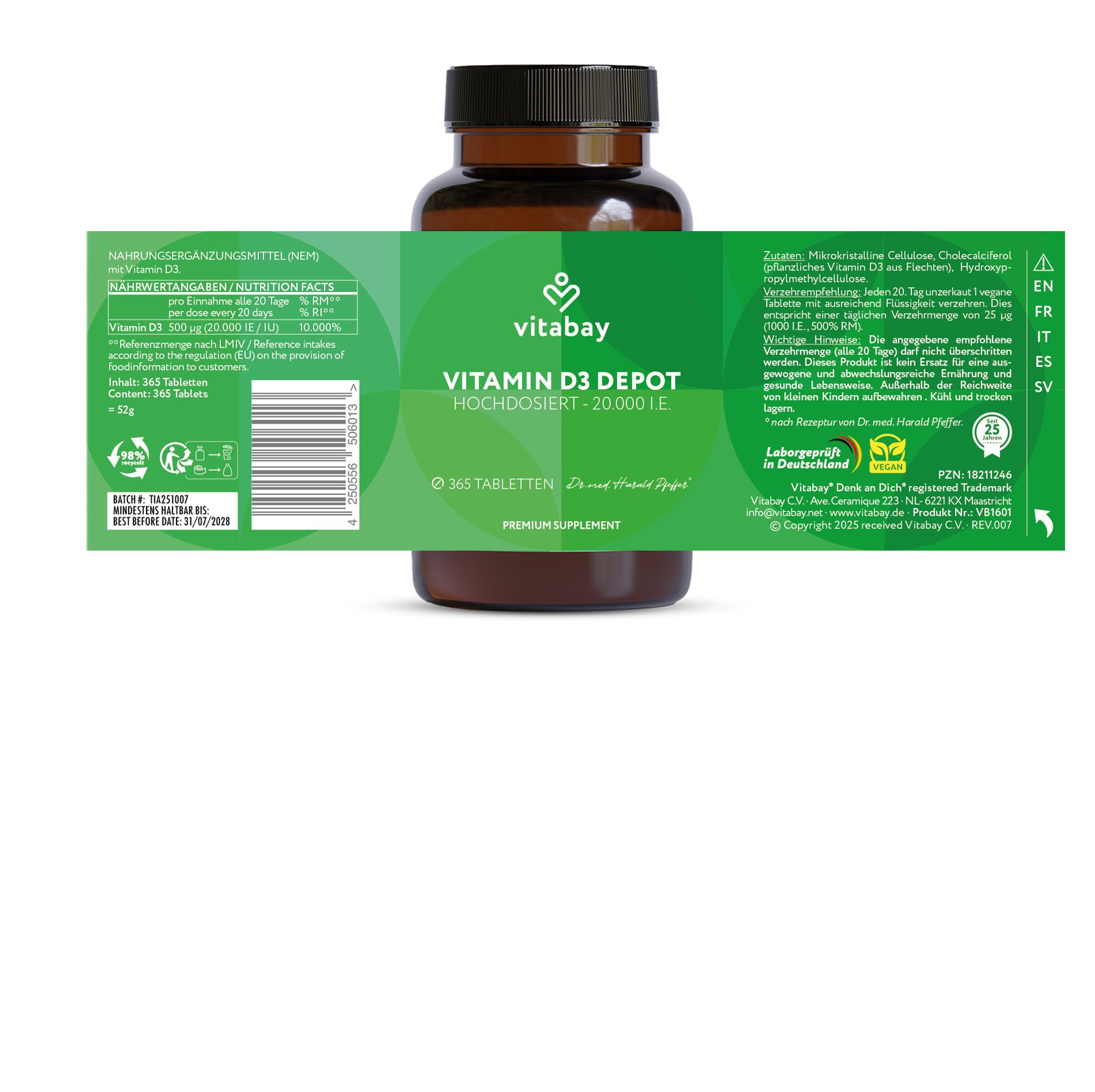 Bottiglia marrone con etichetta verde. Testo sull'etichetta. Marchio: Vitabay.