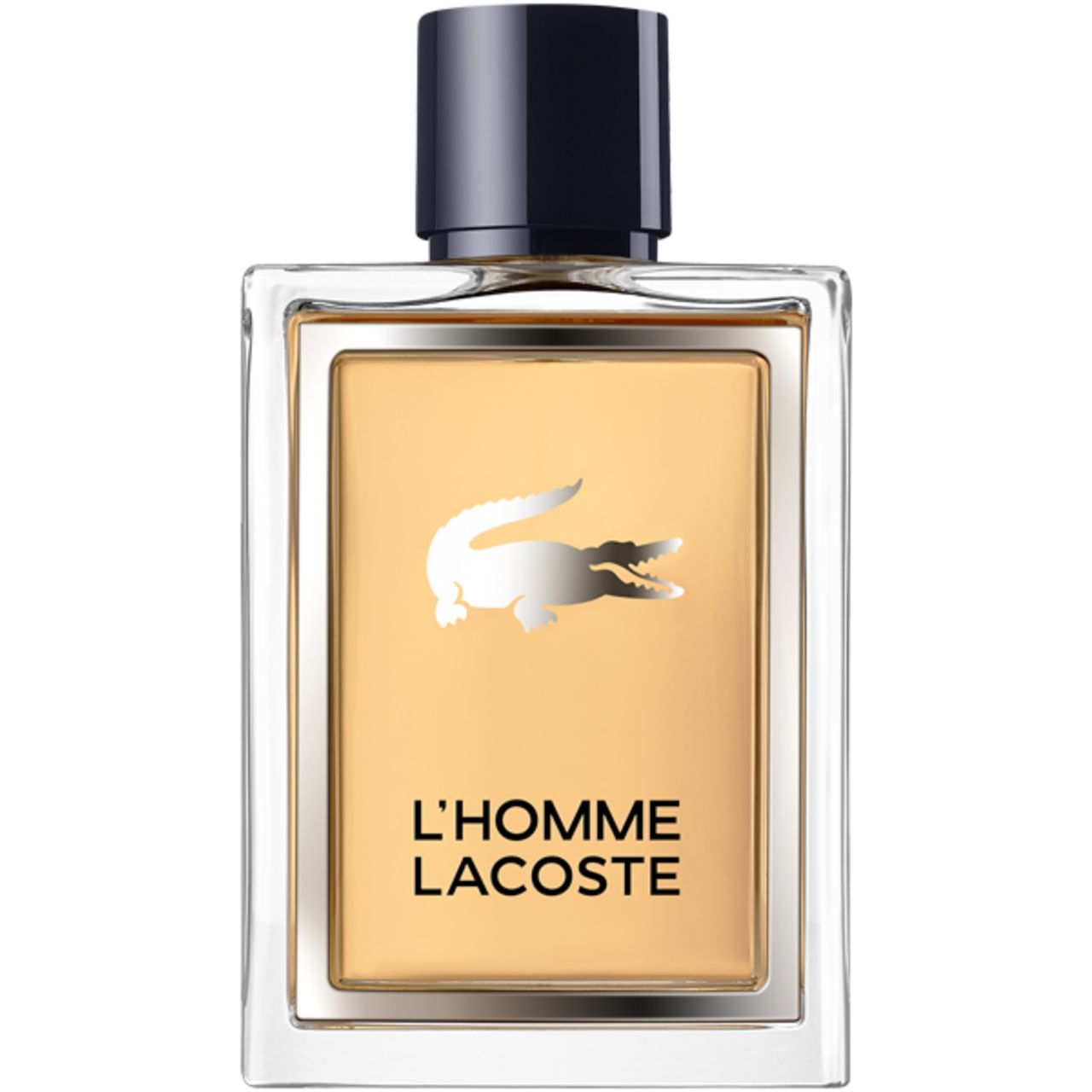 Flacone rettangolare di L'Homme Lacoste EdT. Logo coccodrillo argentato su sfondo beige. Tappo nero. Nome del prodotto in basso.