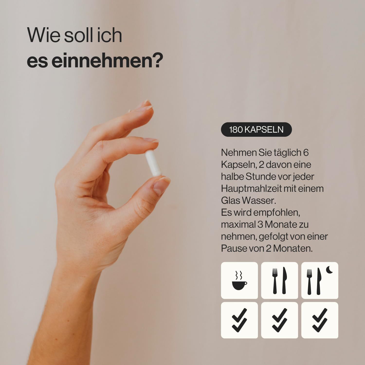 Mano che tiene una capsula bianca. Testo: 180 capsule. Assunzione: 6 capsule al giorno, 2 prima di ogni pasto con acqua. Simboli: tazza, forchetta, luna.