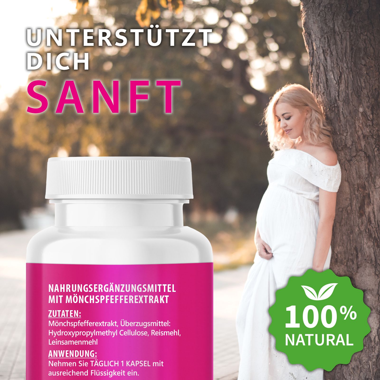 Flacone del prodotto accanto a una donna incinta. Testo: Ti supporta delicatamente. Logo: 100% naturale.