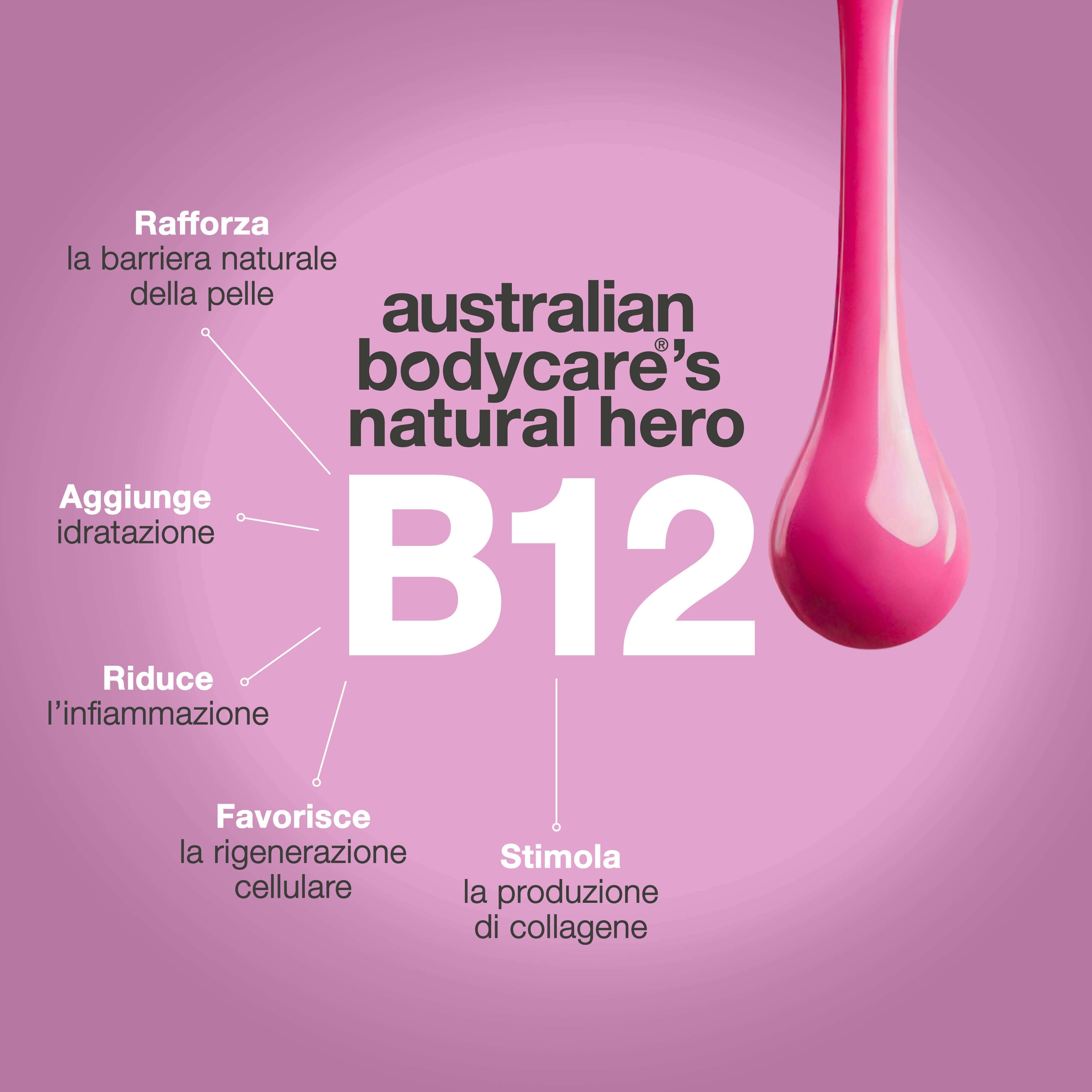 Goccia rosa, accanto al testo: Australian Bodycare's Natural Hero B12. Frecce con testo.