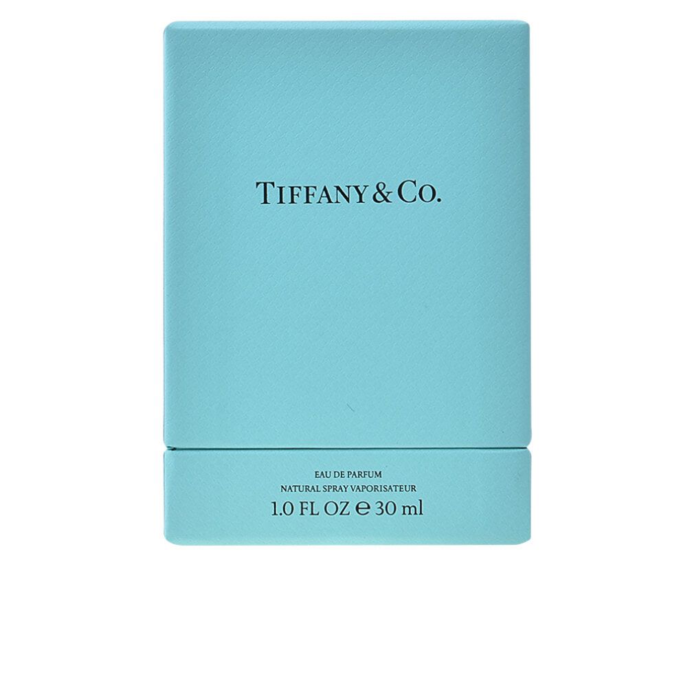 Scatola turchese con logo Tiffany & Co. Scritta: Eau de Parfum, Natural Spray Vaporisateur, 1.0 FL OZ e 30 ml.
