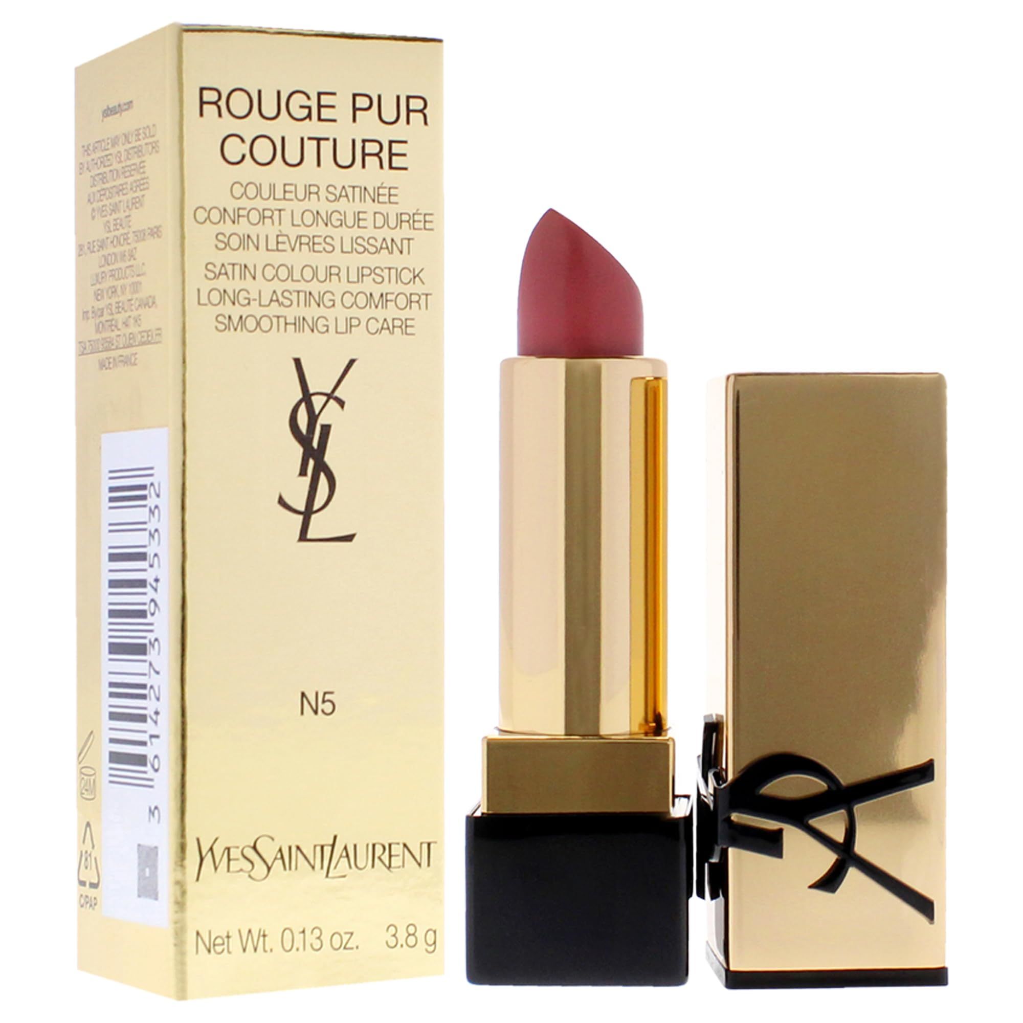 Rossetto con custodia dorata e base nera. Sulla confezione sono presenti le scritte "Rouge Pur Couture" e "Yves Saint Laurent".