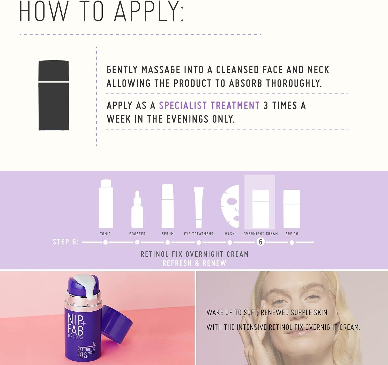 Istruzioni per l'uso. Immagine del prodotto. Testo: Massaggiare delicatamente. Trattamento speciale. 3 volte a settimana.