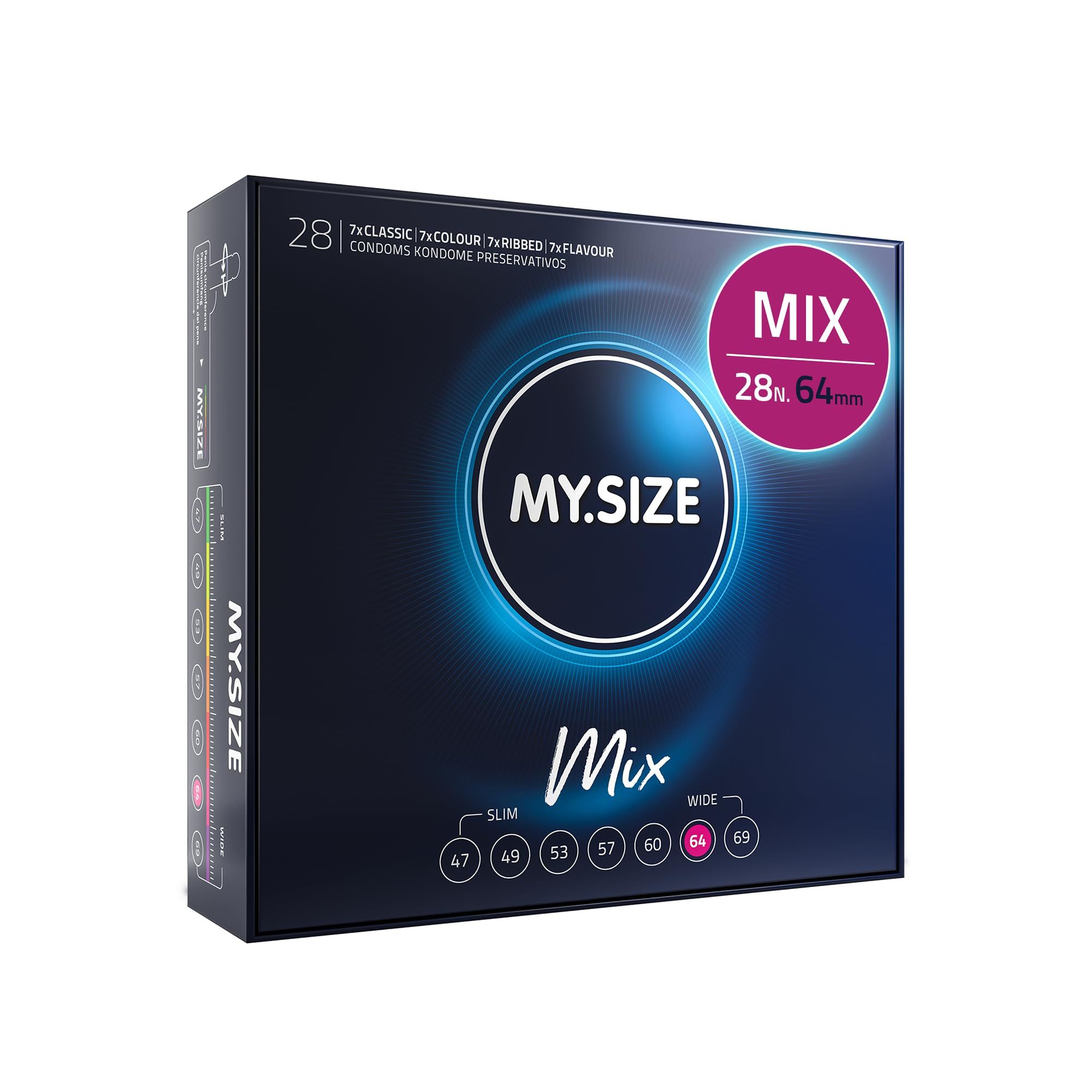 MY.SIZE Mix preservativi 64mm. Confezione accanto a una coppia e a singole bustine. Indicazione della taglia.