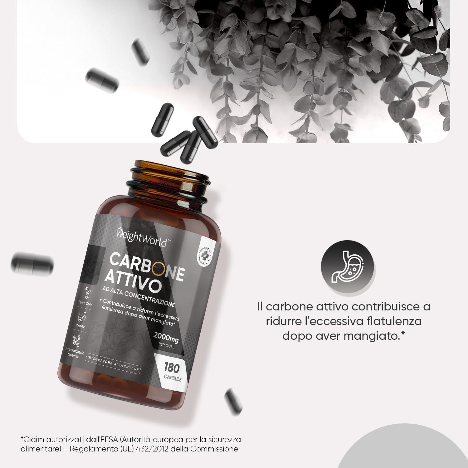 Flacone Carbone Attivo con 180 capsule. Testo: Il carbone attivo contribuisce a ridurre il gonfiore.