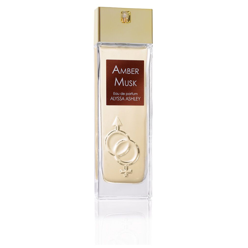 Flacone di profumo rettangolare con tappo dorato. Scritta "Amber Musk" e "Alyssa Ashley". Simbolo in basso.