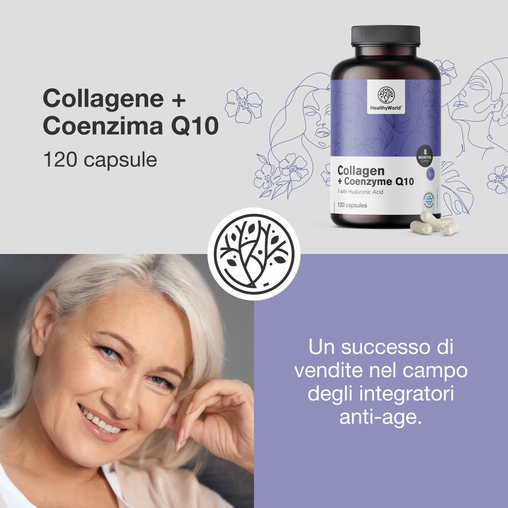 Immagine del prodotto e donna. Flacone con capsule. Scritta: Collagene + Coenzima Q10. 120 capsule. Marchio: HealthyWorld.