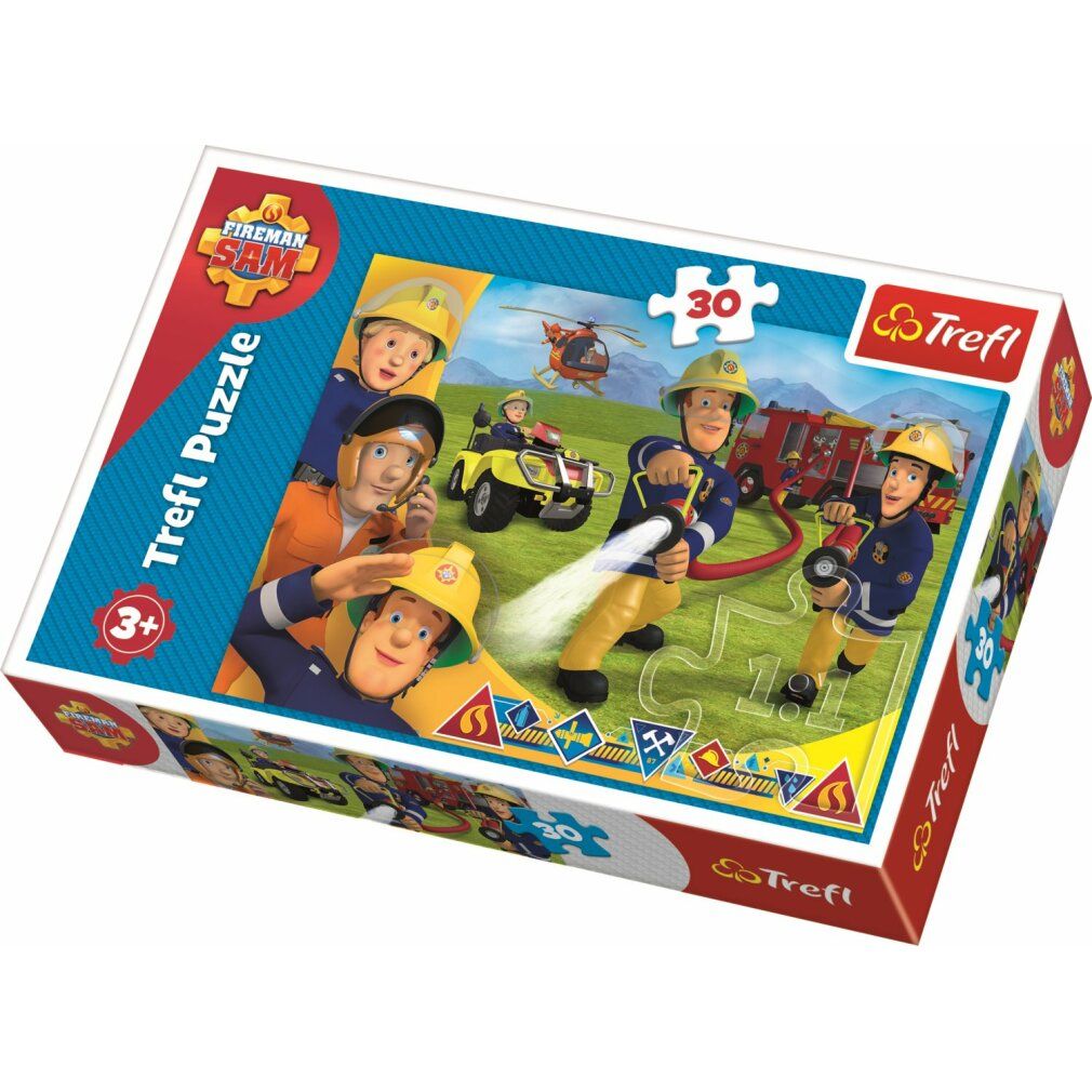 Puzzle 30 pezzi. Confezione con motivo Sam il pompiere. Logo e testo Trefl. Età consigliata 3+. Immagine di vigili del fuoco.