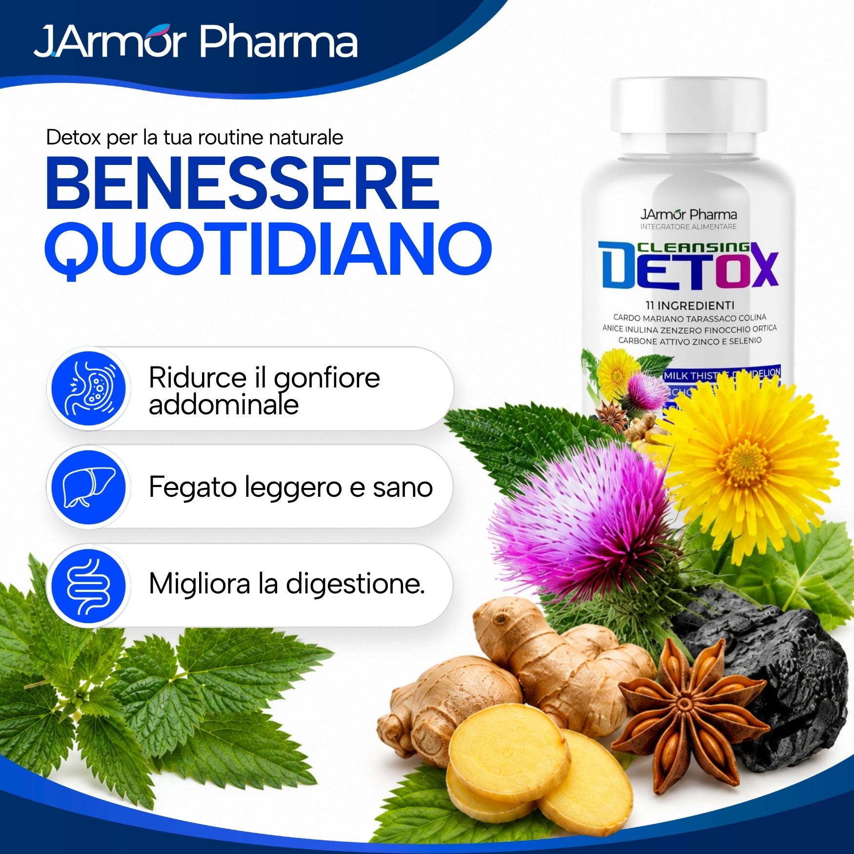 Bottiglia da 120 capsule circondata da zenzero, erbe e carbone attivo.