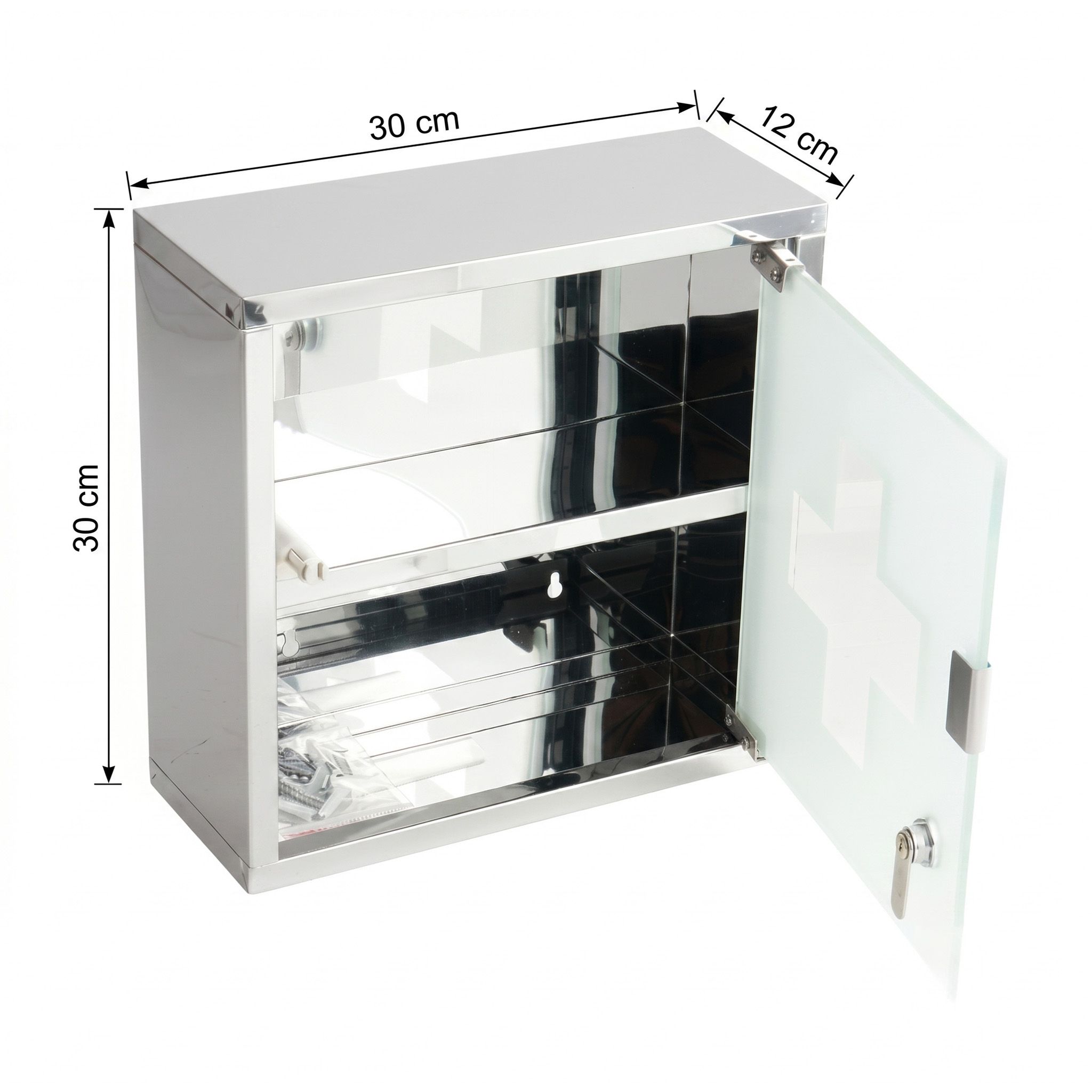 KARAT Armadietto medicinali Allen con anta in vetro argento 30 x 30 cm 2 scomparti