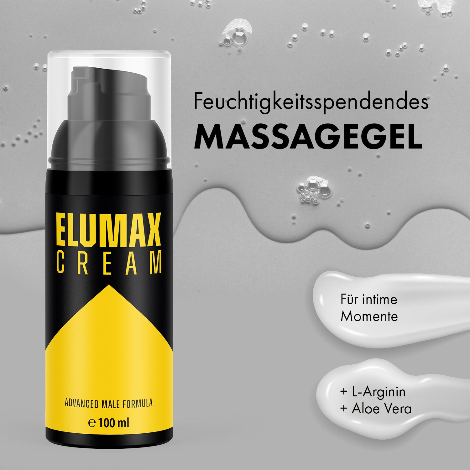 Flacone nero con etichetta gialla. Scritta: ELUMAX CREAM. Testo: Gel massaggio idratante. Presentazione del prodotto.
