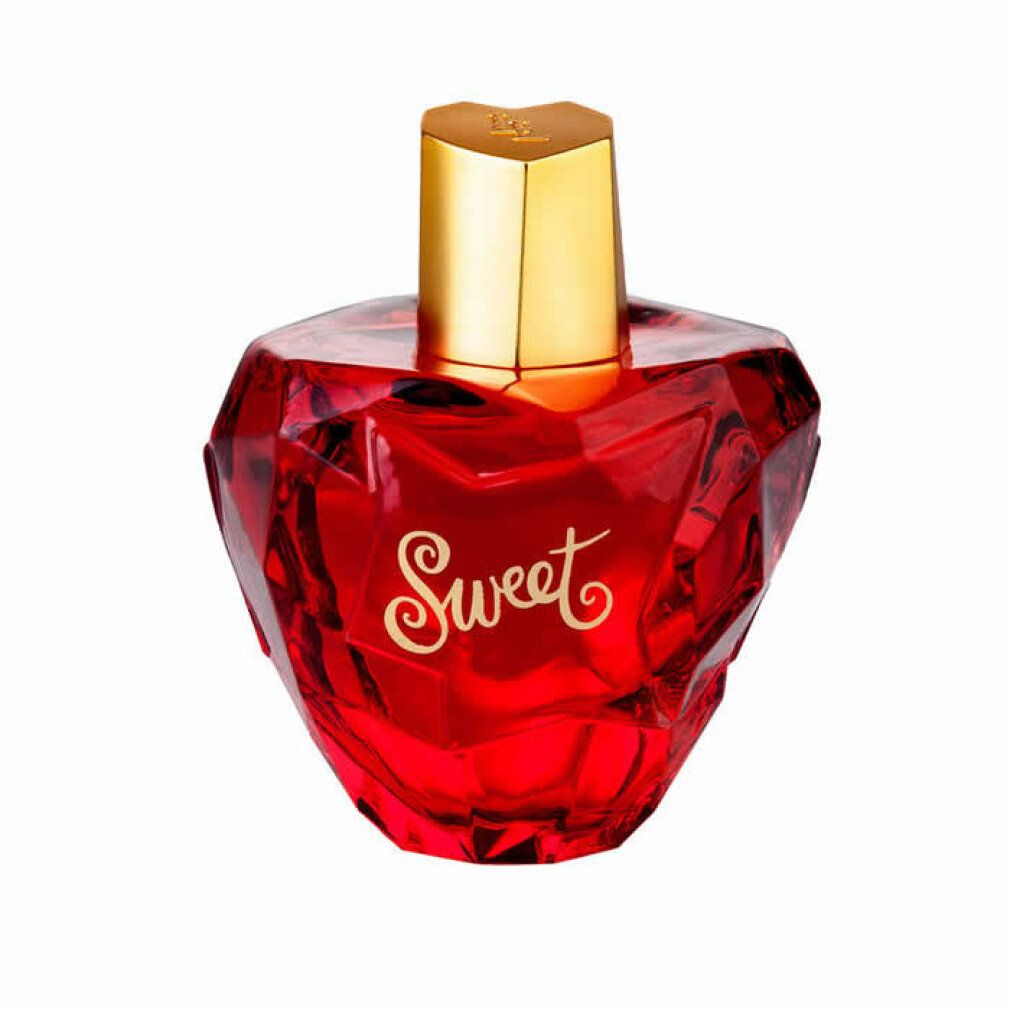 Flacone rosso con tappo dorato. Scritta "Sweet". Forma geometrica.