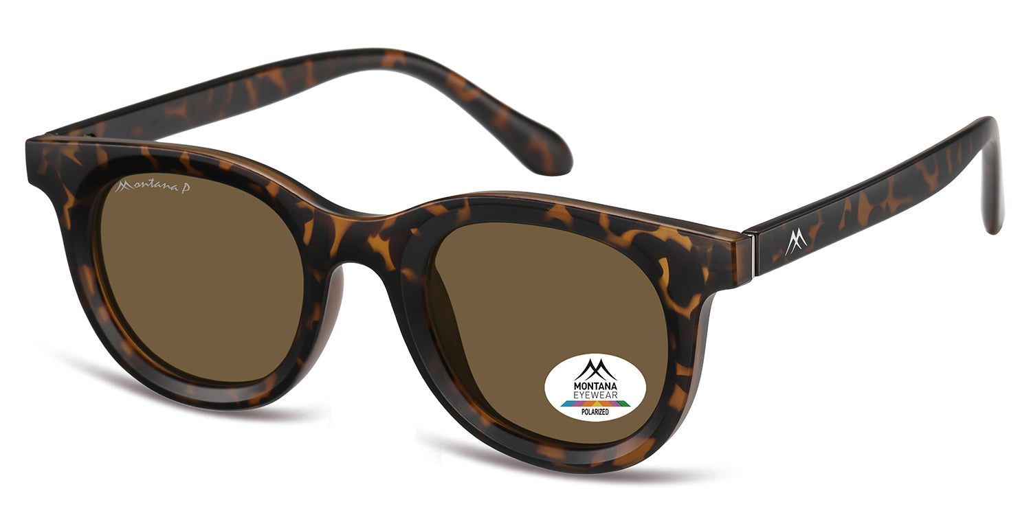 Occhiali da sole marroni con montatura marrone fantasia. Logo ed etichetta di polarizzazione sulla lente.