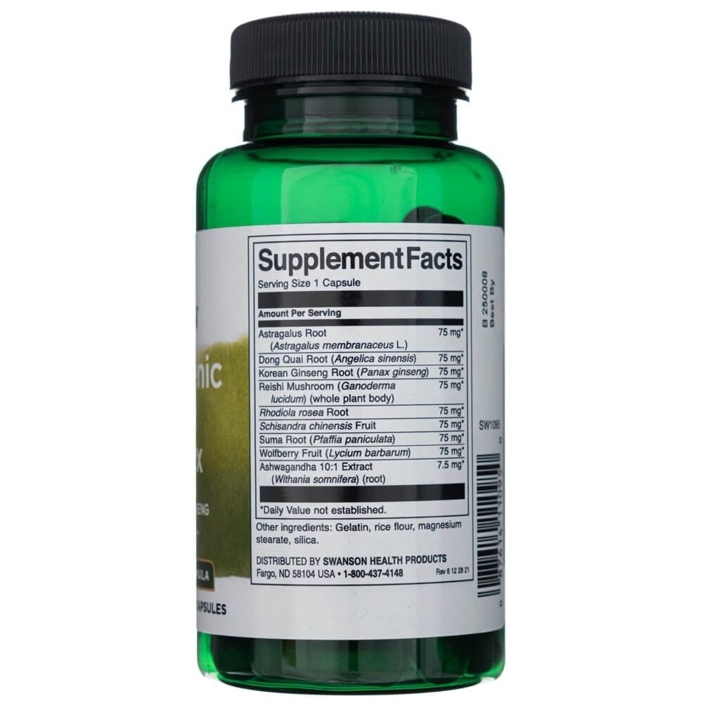Capsula verde con etichetta Supplement Facts che elenca Astragalo, Ginseng, Reishi e Ashwagandha.