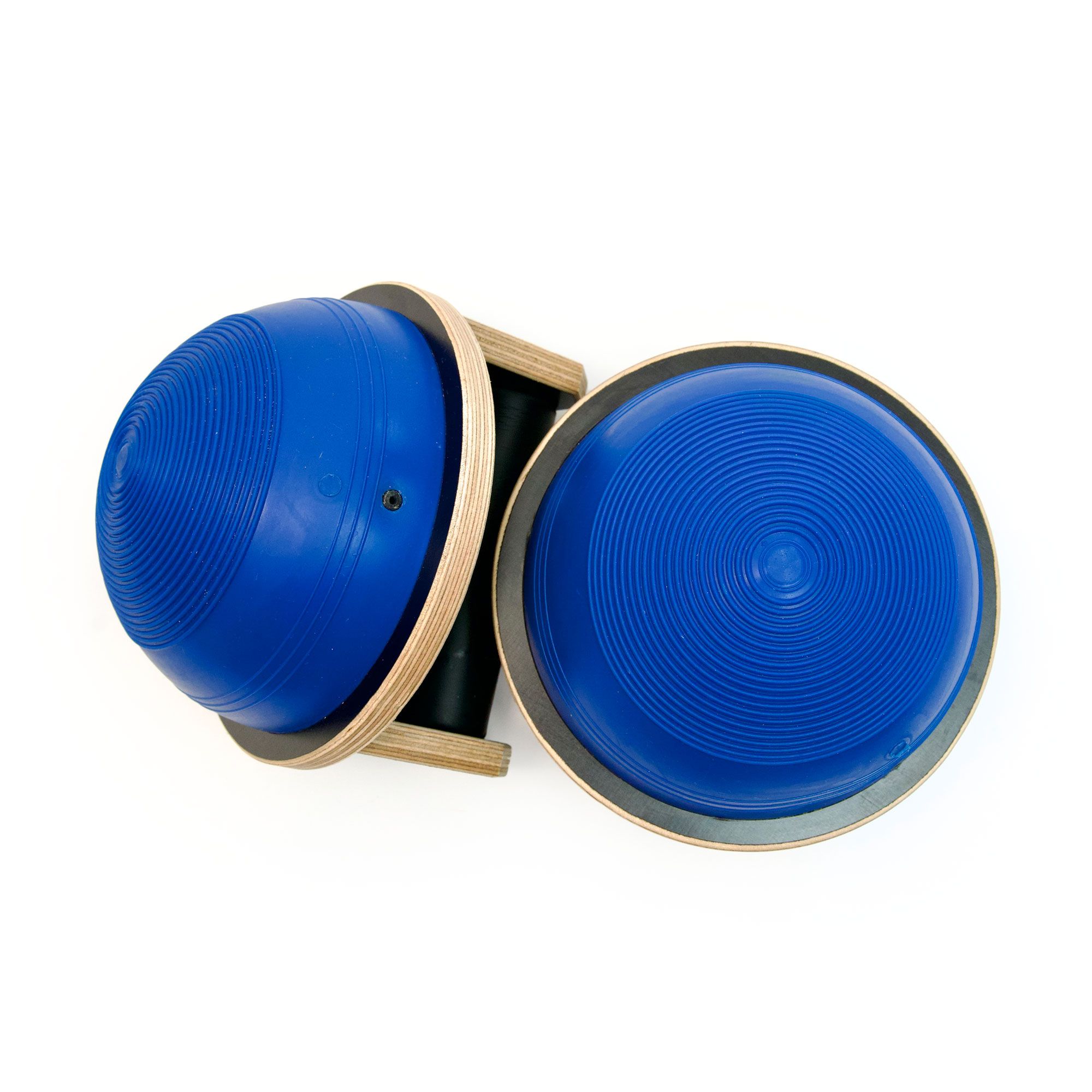 Due Yokeball blu con telai in legno e maniglie. "La Posturale YOKEBALL" è scritto sulle superfici.